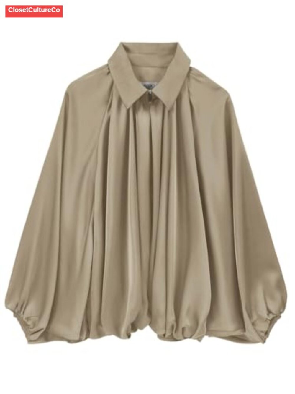 Satin Puffed Bomber Jacket Oversized Batwing Sleeve Pleated Women's
